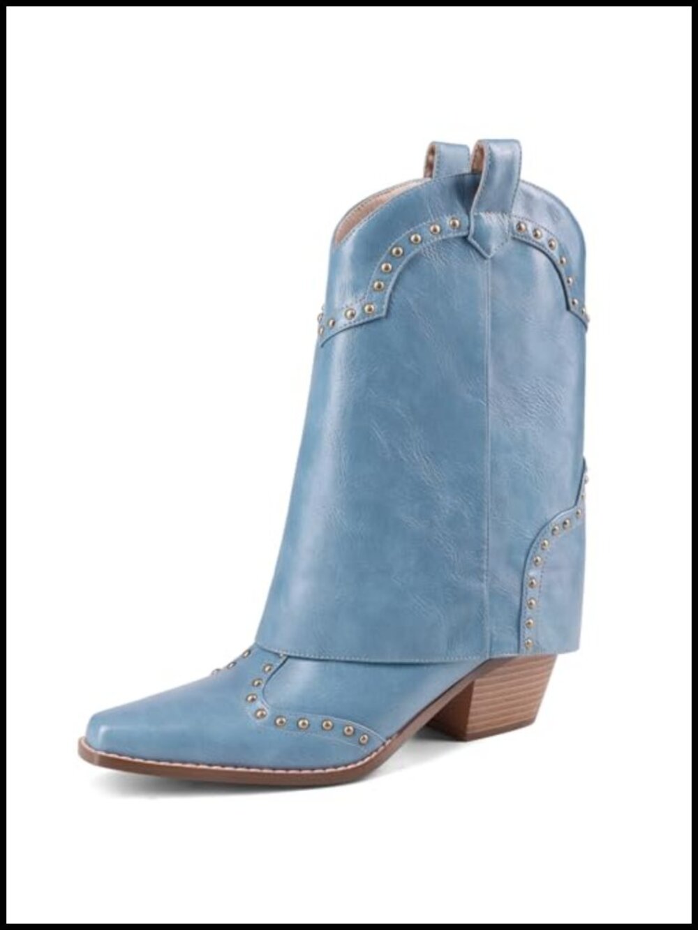 Fold Over Cowboy Ankle Boots Chunky Heel Snip Toe Pull On Studded Faux Leather